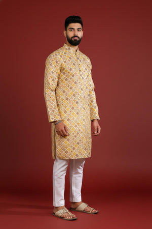 Mens Mustard Printed Art Silk Kurta Set (ACA9622)