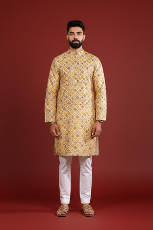 Mens Mustard Printed Art Silk Kurta Set (ACA9622)