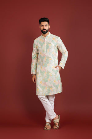 Mens Multi Color Printed Art Silk Kurta Set (ACA9623)