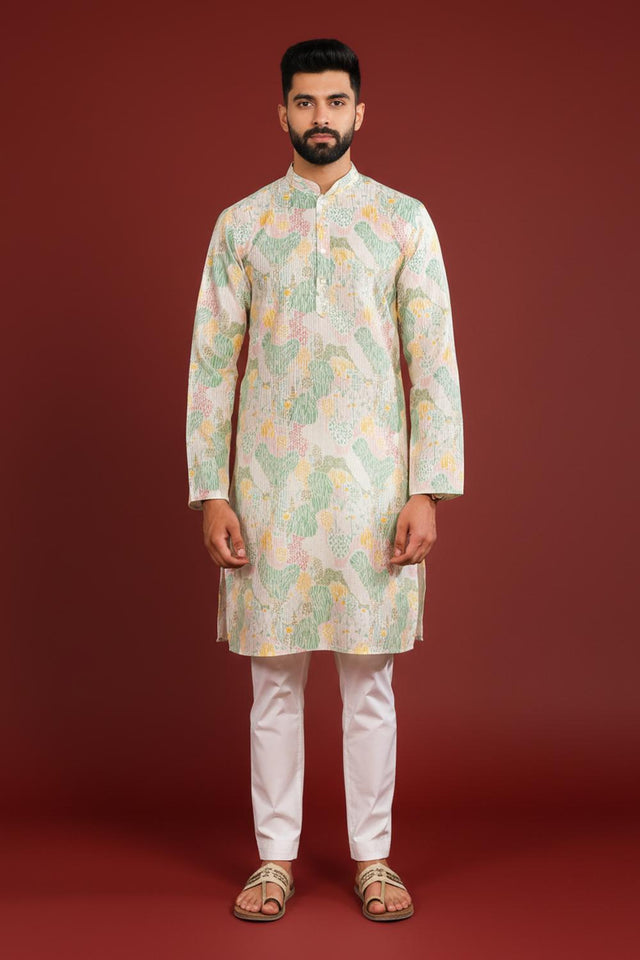 Mens Multi Color Printed Art Silk Kurta Set (ACA9623)