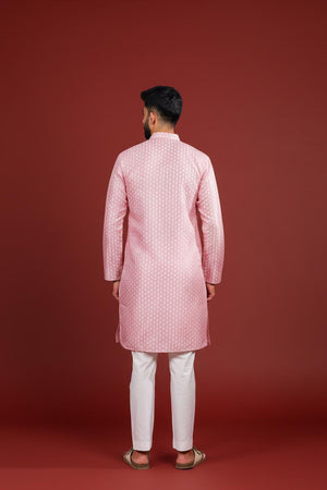 Mens Pink Printed Art Silk Kurta Set (ACA9624)