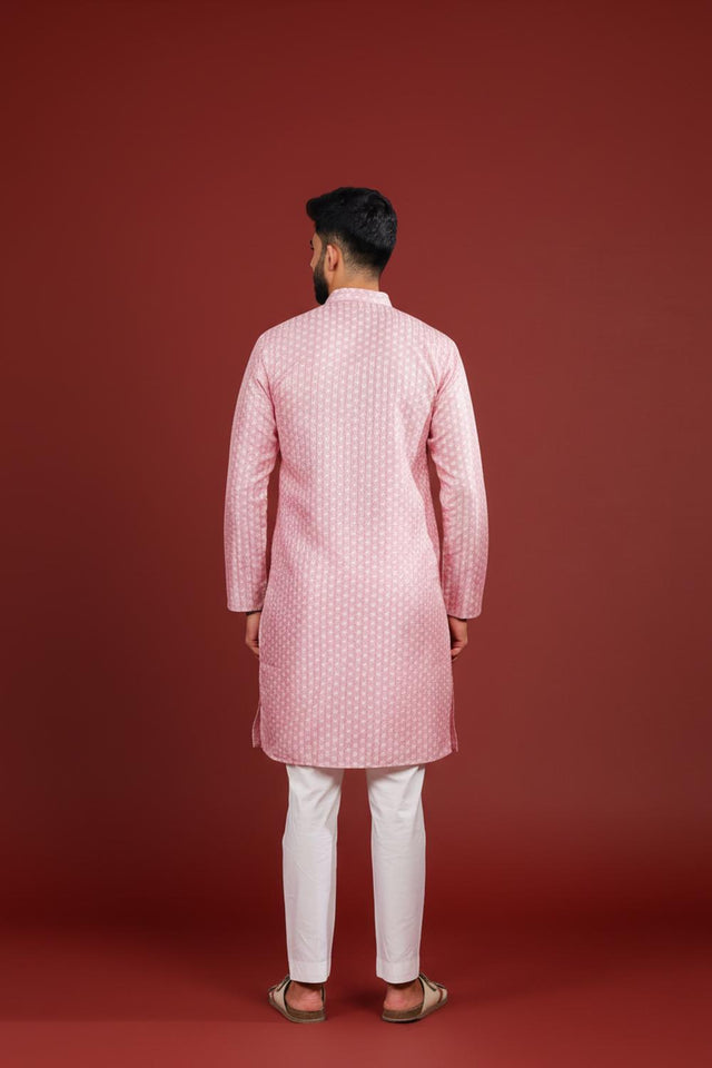 Mens Pink Printed Art Silk Kurta Set (ACA9624)