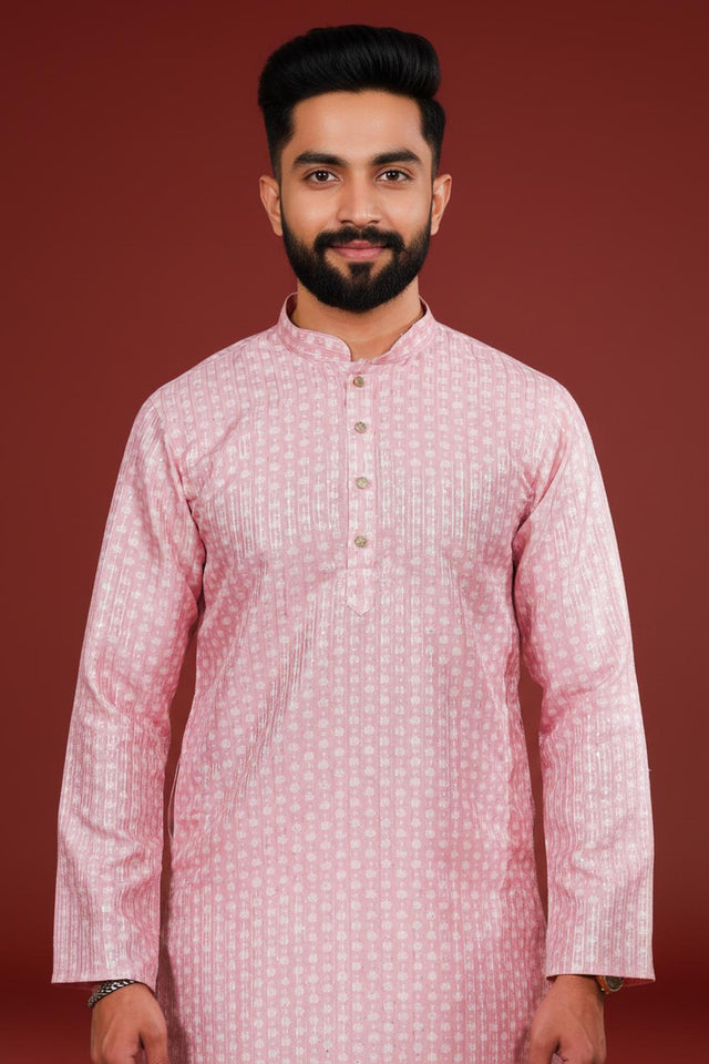 Mens Pink Printed Art Silk Kurta Set (ACA9624)
