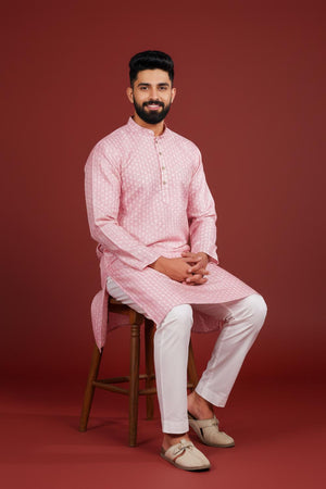 Mens Pink Printed Art Silk Kurta Set (ACA9624)