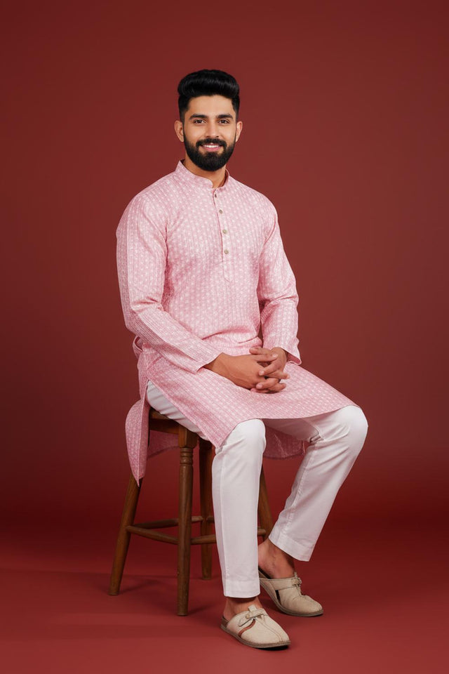 Mens Pink Printed Art Silk Kurta Set (ACA9624)