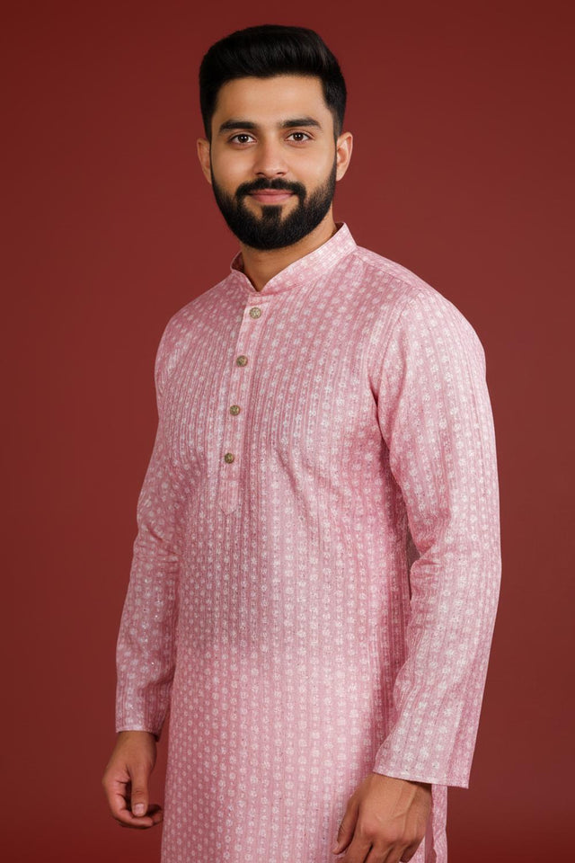 Mens Pink Printed Art Silk Kurta Set (ACA9624)