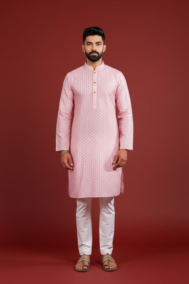 Mens Pink Printed Art Silk Kurta Set (ACA9624)