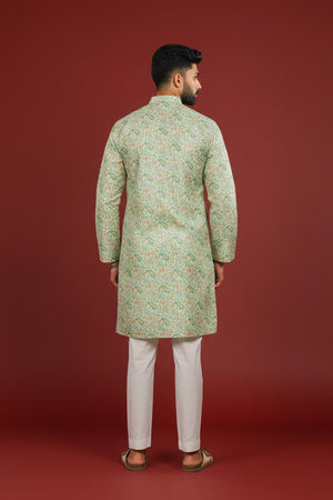 Mens Green Printed Art Silk Kurta Set (ACA9625)