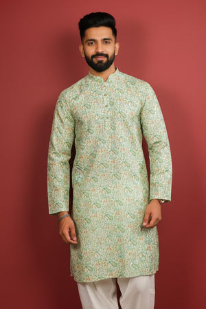 Mens Green Printed Art Silk Kurta Set (ACA9625)
