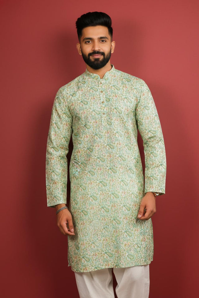 Mens Green Printed Art Silk Kurta Set (ACA9625)