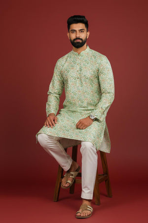 Mens Green Printed Art Silk Kurta Set (ACA9625)