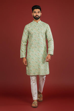 Mens Green Printed Art Silk Kurta Set (ACA9625)