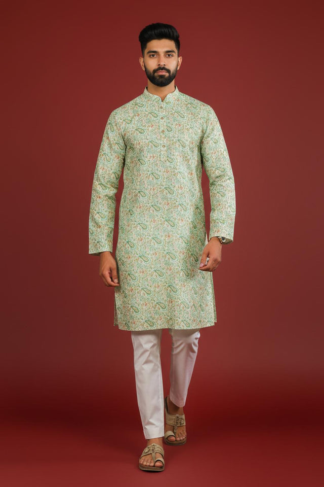 Mens Green Printed Art Silk Kurta Set (ACA9625)