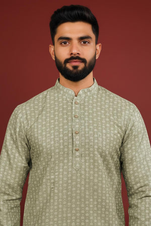 Mens Green Printed Art Silk Kurta Set (ACA9626)