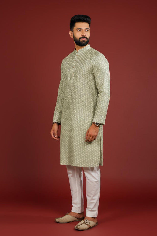 Mens Green Printed Art Silk Kurta Set (ACA9626)