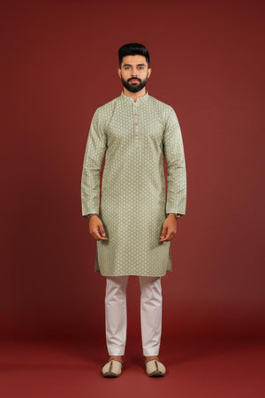Mens Green Printed Art Silk Kurta Set (ACA9626)