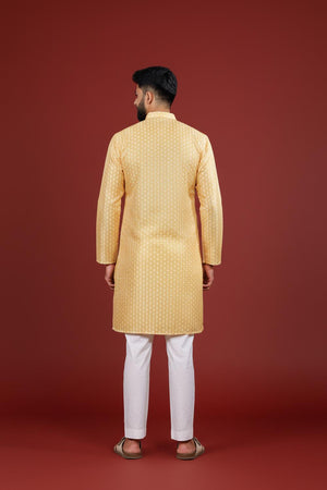 Mens Yellow Printed Art Silk Kurta Set (ACA9628)