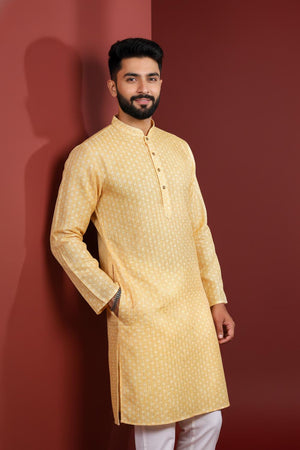 Mens Yellow Printed Art Silk Kurta Set (ACA9628)
