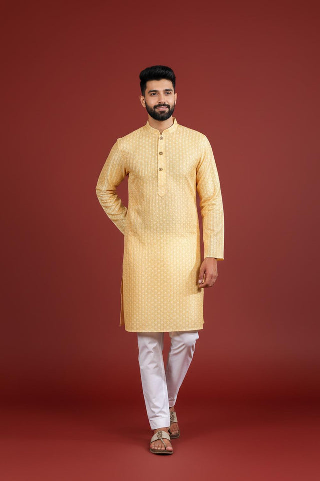 Mens Yellow Printed Art Silk Kurta Set (ACA9628)