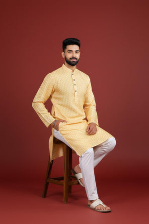 Mens Yellow Printed Art Silk Kurta Set (ACA9628)