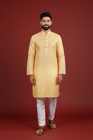 Mens Yellow Printed Art Silk Kurta Set (ACA9628)