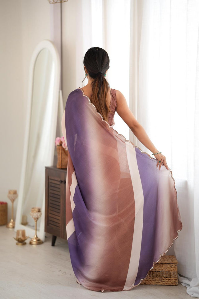Brown Printed with Mirror Border Chinon Saree (ACA9629)