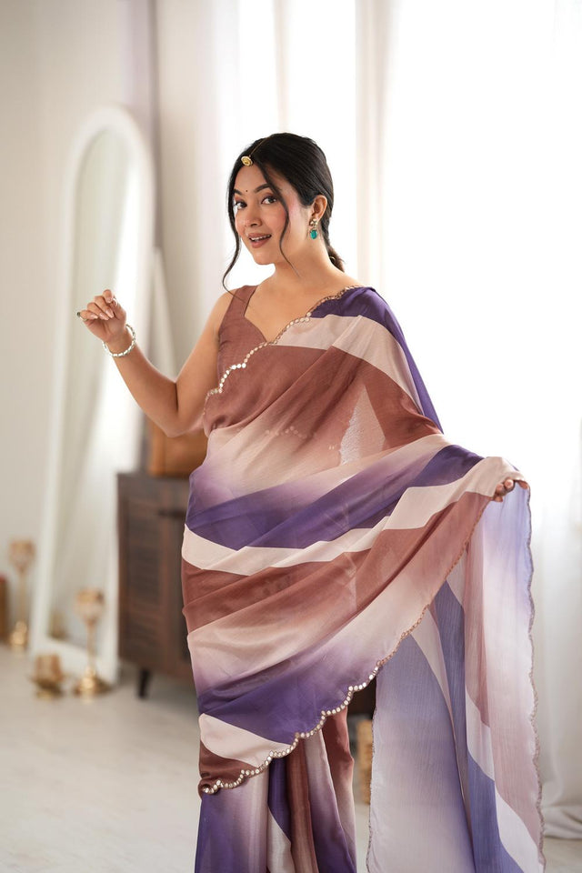 Brown Printed with Mirror Border Chinon Saree (ACA9629)