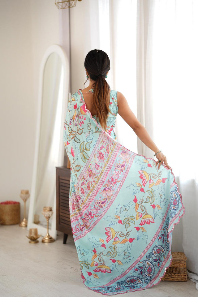 Sea Green Floral Printed with Mirror Border Chinon Saree (ACA9630)
