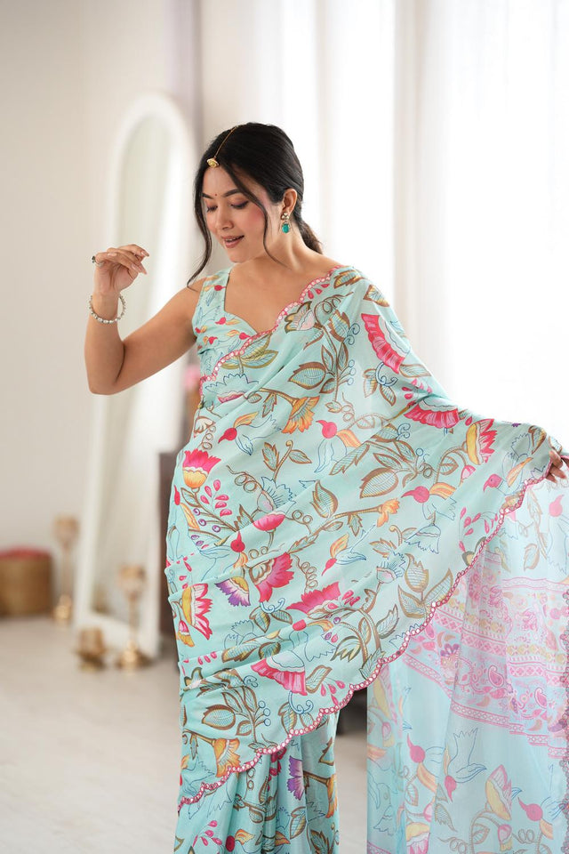 Sea Green Floral Printed with Mirror Border Chinon Saree (ACA9630)