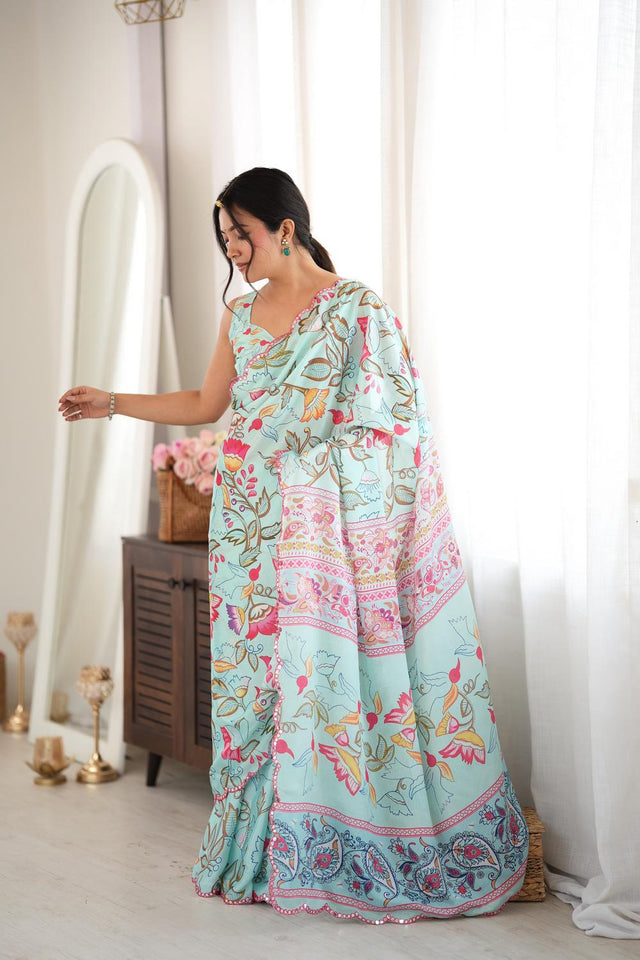 Sea Green Floral Printed with Mirror Border Chinon Saree (ACA9630)
