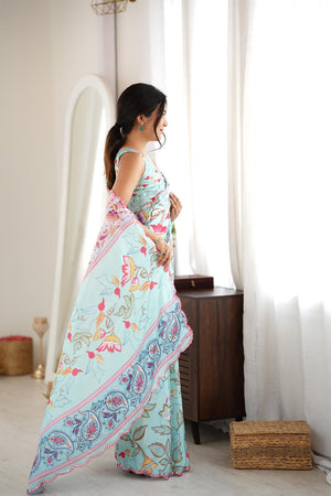 Sea Green Floral Printed with Mirror Border Chinon Saree (ACA9630)