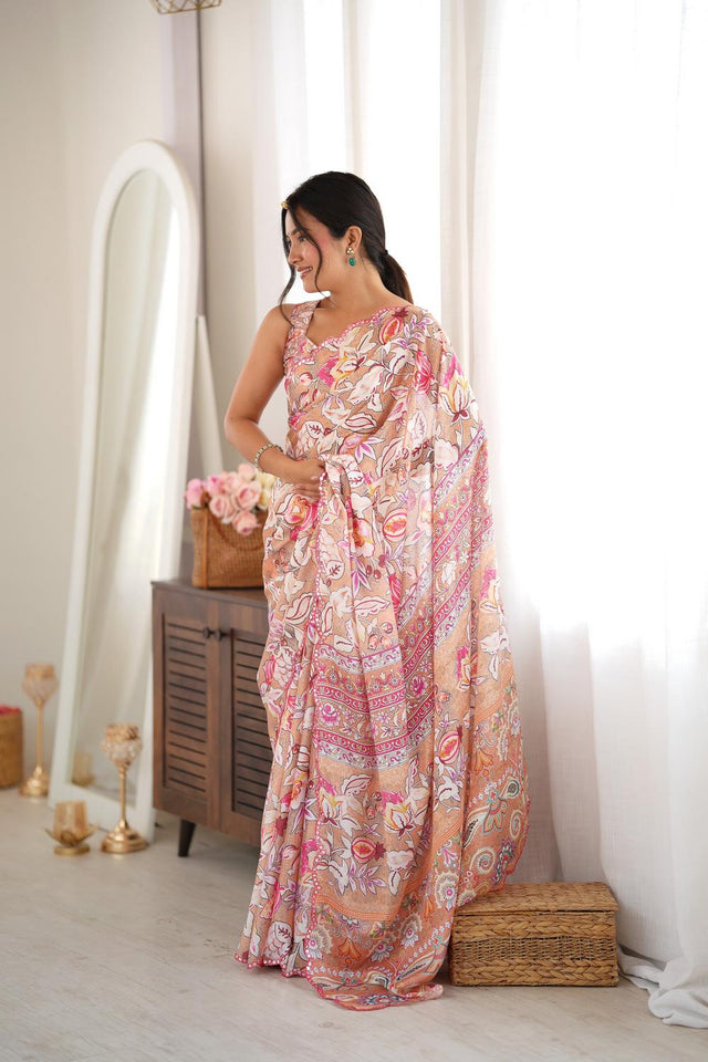 Peach Floral Printed with Mirror Border Chinon Saree (ACA9631)
