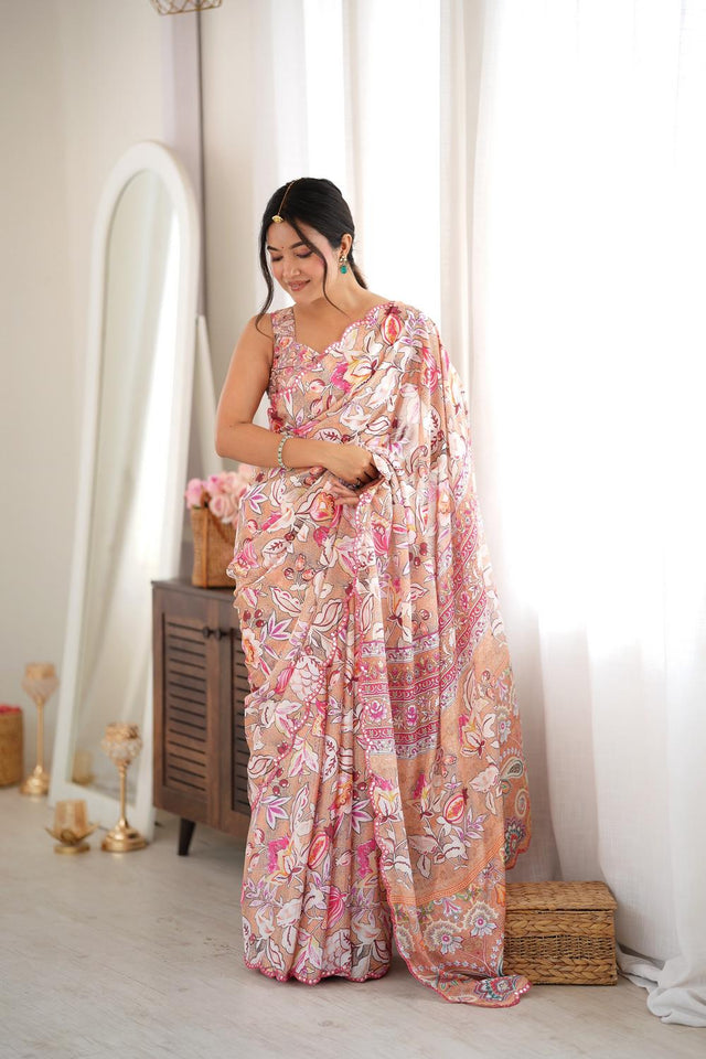 Peach Floral Printed with Mirror Border Chinon Saree (ACA9631)