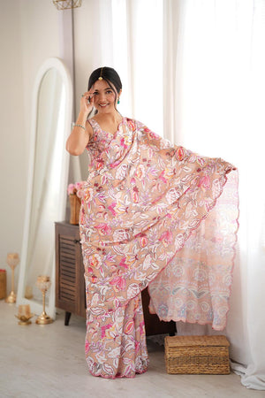 Peach Floral Printed with Mirror Border Chinon Saree (ACA9631)