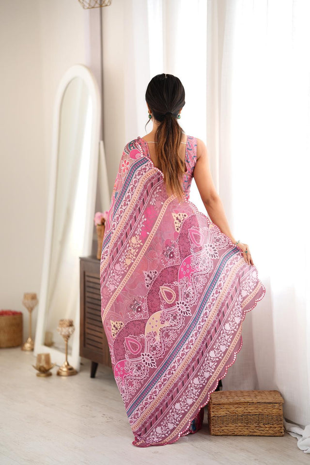 Pink Floral Printed with Mirror Border Chinon Saree (ACA9632)