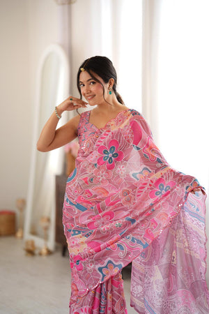 Pink Floral Printed with Mirror Border Chinon Saree (ACA9632)