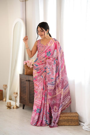 Pink Floral Printed with Mirror Border Chinon Saree (ACA9632)