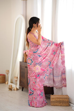 Pink Floral Printed with Mirror Border Chinon Saree (ACA9632)