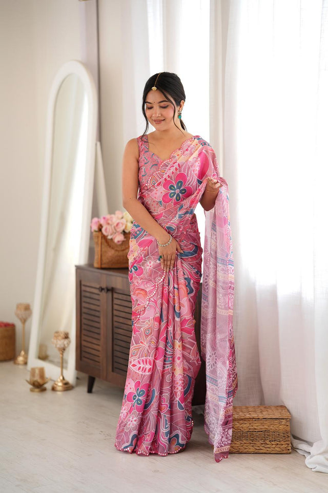 Pink Floral Printed with Mirror Border Chinon Saree (ACA9632)