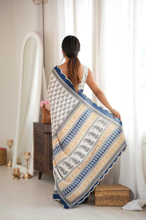 Blue Printed with Mirror Border Chinon Saree (ACA9633)