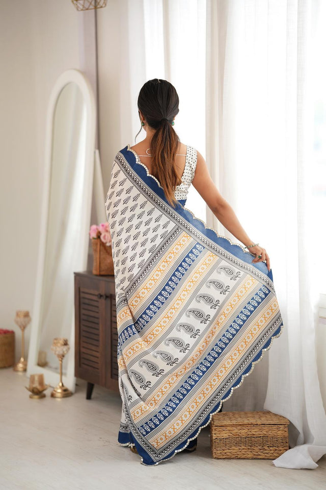 Blue Printed with Mirror Border Chinon Saree (ACA9633)
