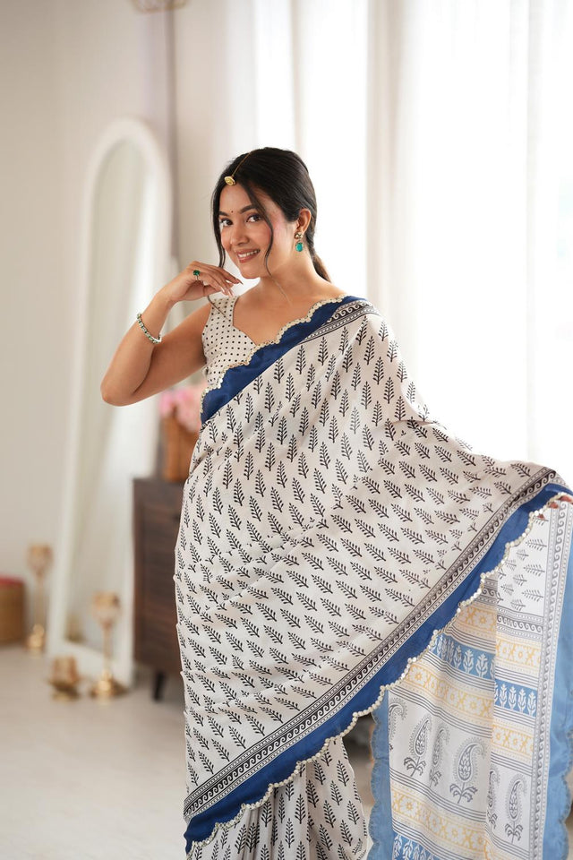 Blue Printed with Mirror Border Chinon Saree (ACA9633)