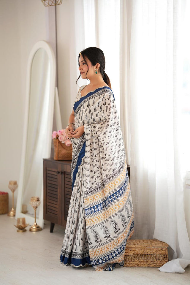 Blue Printed with Mirror Border Chinon Saree (ACA9633)