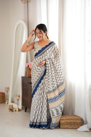 Blue Printed with Mirror Border Chinon Saree (ACA9633)