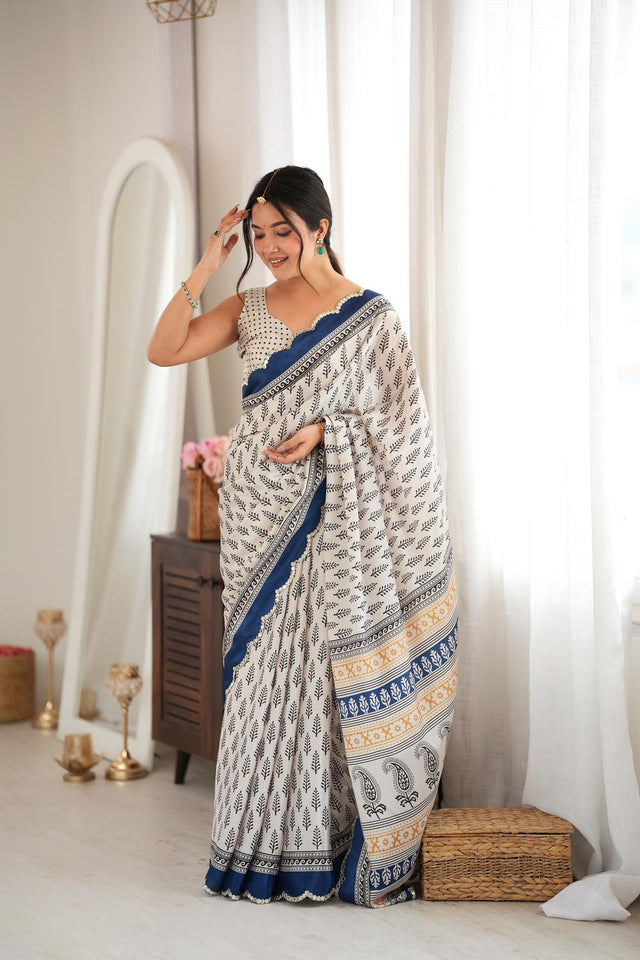 Blue Printed with Mirror Border Chinon Saree (ACA9633)
