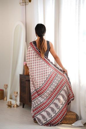 Maroon Floral Printed with Mirror Border Chinon Saree (ACA9634)