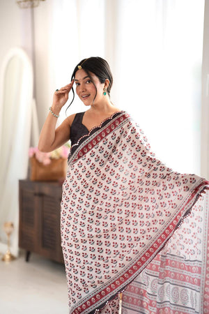 Maroon Floral Printed with Mirror Border Chinon Saree (ACA9634)