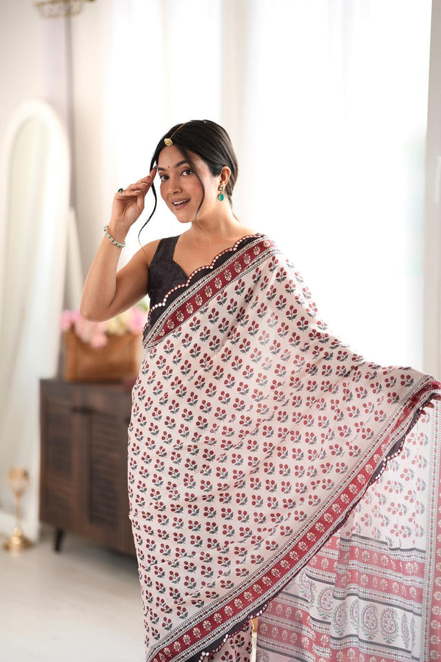 Maroon Floral Printed with Mirror Border Chinon Saree (ACA9634)
