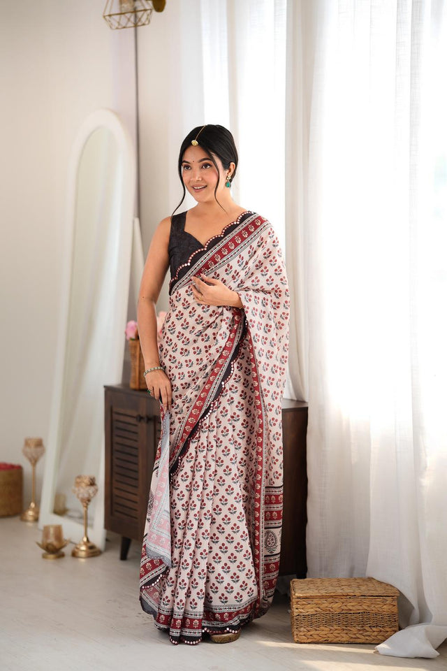 Maroon Floral Printed with Mirror Border Chinon Saree (ACA9634)