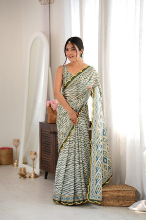 Green Geometric Printed with Mirror Border Chinon Saree (ACA9635)